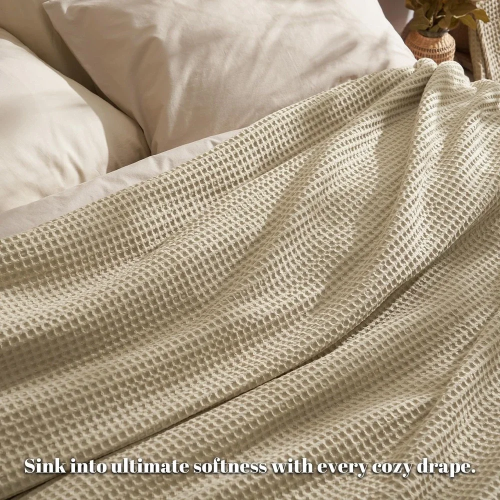 PHF Waffle Weave Blanket Queen 90x90 Khaki Ultra Soft Breathable Cotton Bedding
